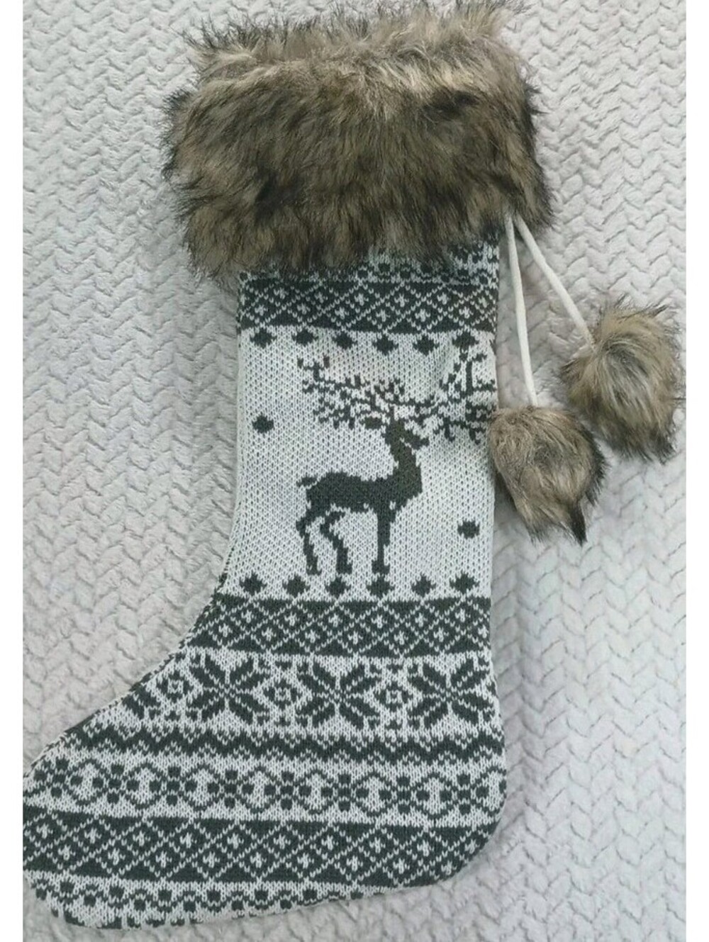 Fair Isle White - Gray Faux Fur Knitted Christmas Stocking Reindeer Deer Pompom